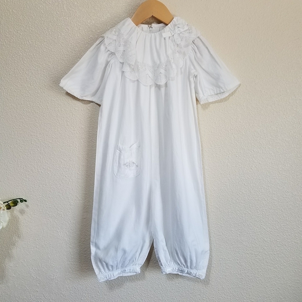 Paper White Linen Blend Baptism Vintage Romper